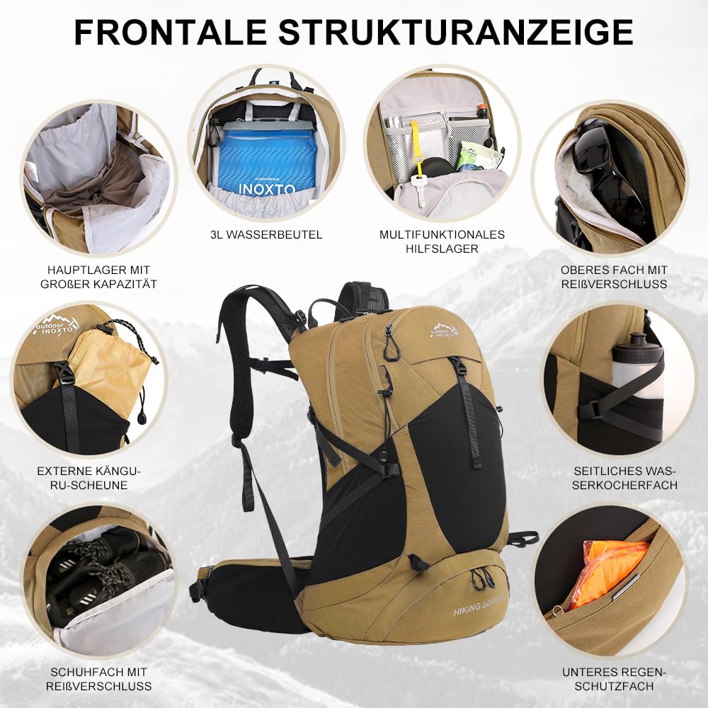 INOXTO Wanderrucksack 25L, mit 3L Wasserbeutel leichter Wanderrucksack mit Regenschutz für Bergsteigen, Wandern, Camping, OutdoorSportarten für Damen und Herren (Khaki, standard)