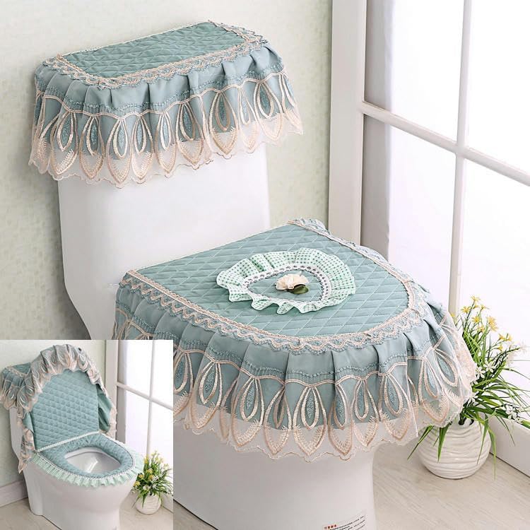 Toilet lid cover Lace Fabric Toilet Seat Cushion, Three Piece Set, Zipper Style Cover, U-Shaped Bathroom Ring(Coffee Color)