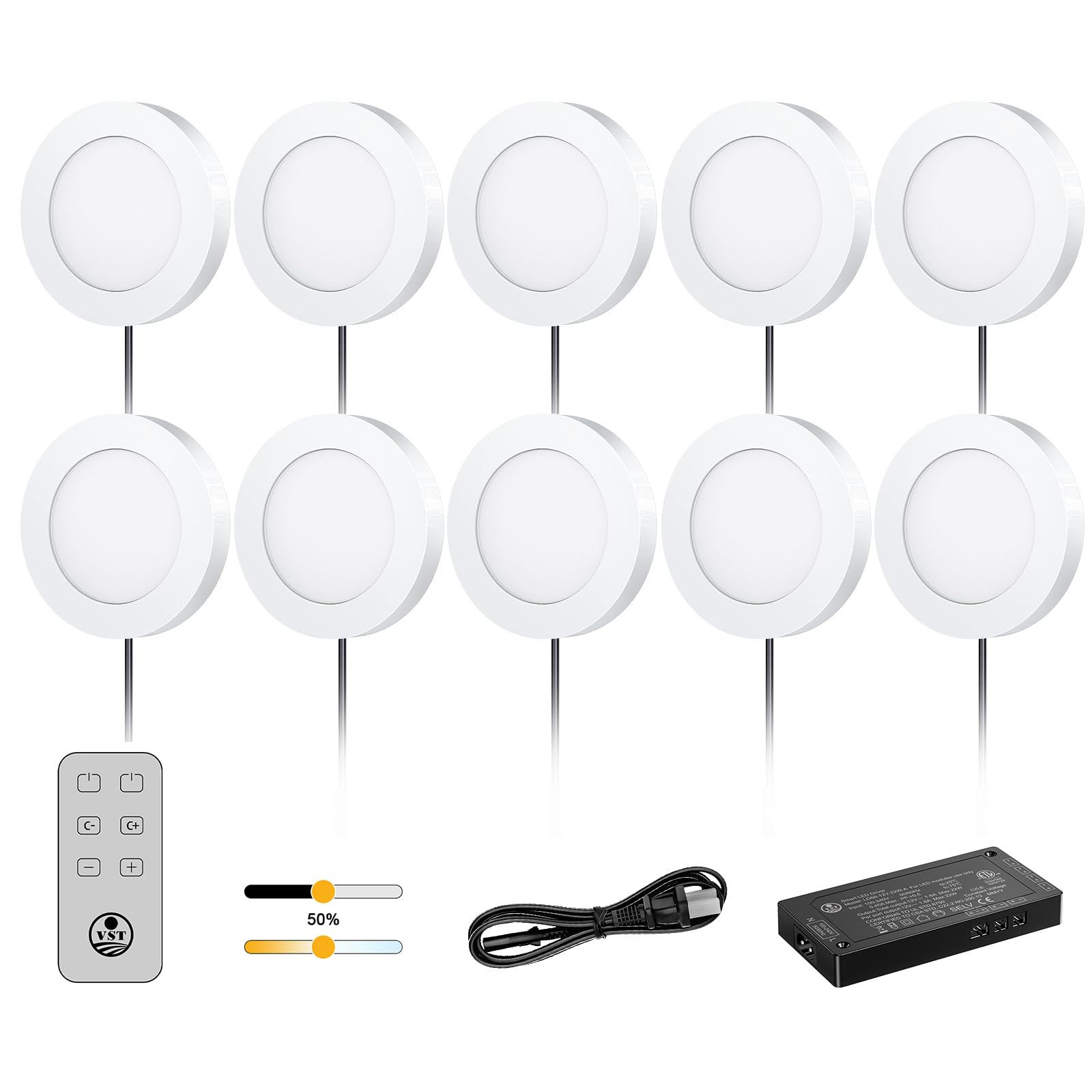 VST Under Cabinet Lights CCT 3000K-6500K, LED Puck Light Color Temperature and Brightness Adjustable with Touch Remote Dimmer ETL-Listed LED Driver for Drawer Wardrobe Kitchen (10Pcs White)