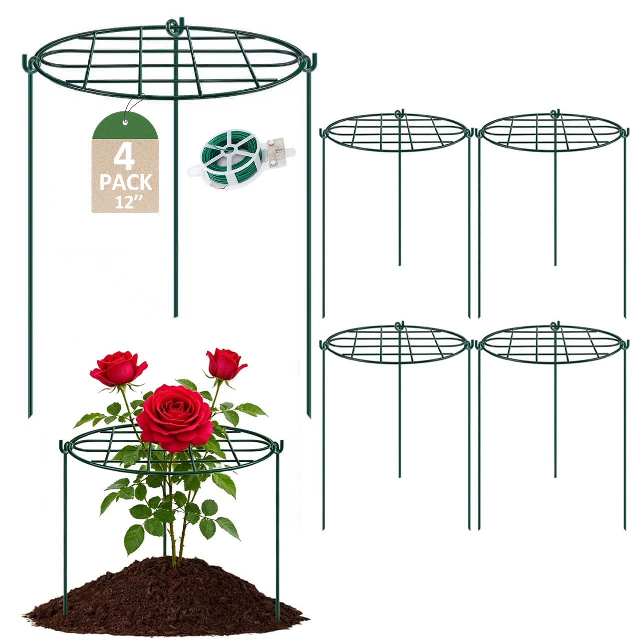 MUAEEOK 4 Pack 12 x 15.7 inch Peony Cages and Supports, Metal Grow Through Plant Supports for Outdoor Plants, Flowers Support Rings Heavy Plant Support Hoop for Vegetables,Rose,Tomato,Orchids (4 Pack)