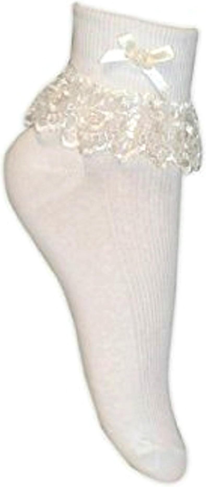 Girls & Baby 6 Pairs of white frilly laced top ankle socks Fancy Bow Beaded centre. by Jester