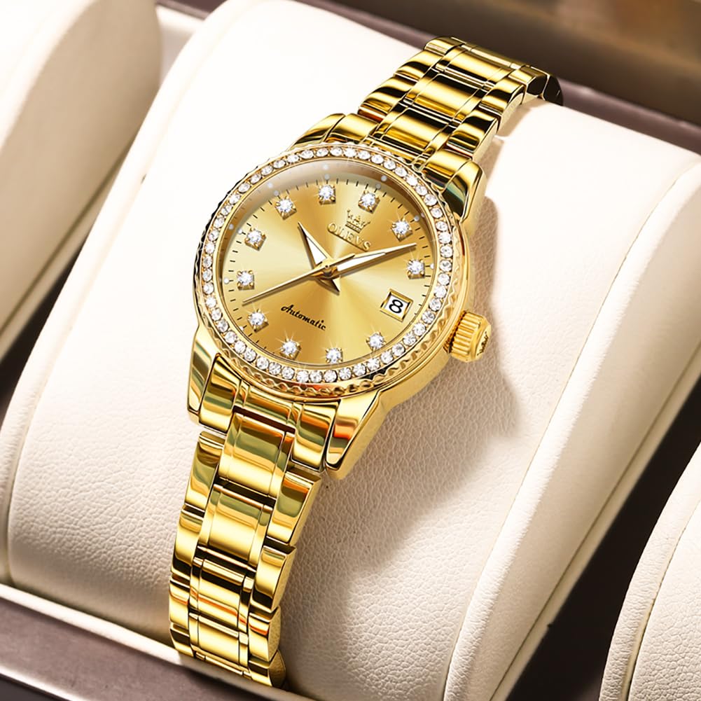 OLEVS Gold-schwarz Diamant Frauen Uhr Automatische Mechanische Luxus Kleid Klassische Edelstahl Armband Damen Uhr