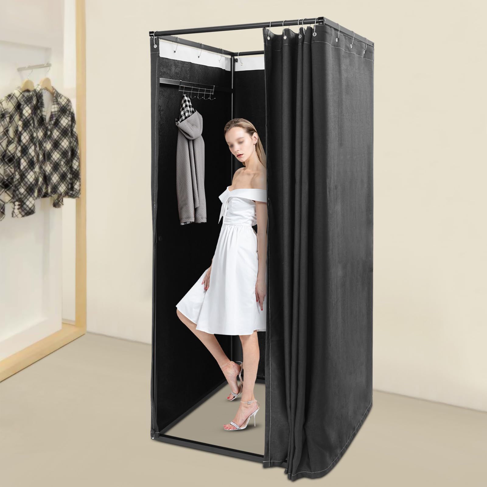 Magasin de vêtements Cabine d'essayage mobile carrée, lavable en machine, cabine d'essayage temporaire, cloison mobile, 85 x 85 x 200 cm, noir