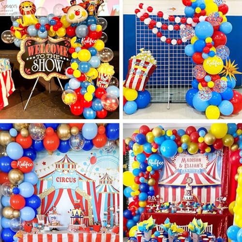 Image of RUBFAC Carnival Circus Balloon Kit, Red Yellow and Blue Primary Balloons 12in with Rainbow Confetti Balloons for Birthday Party Carnival Theme Back to School Party Decorations, 65pcs
