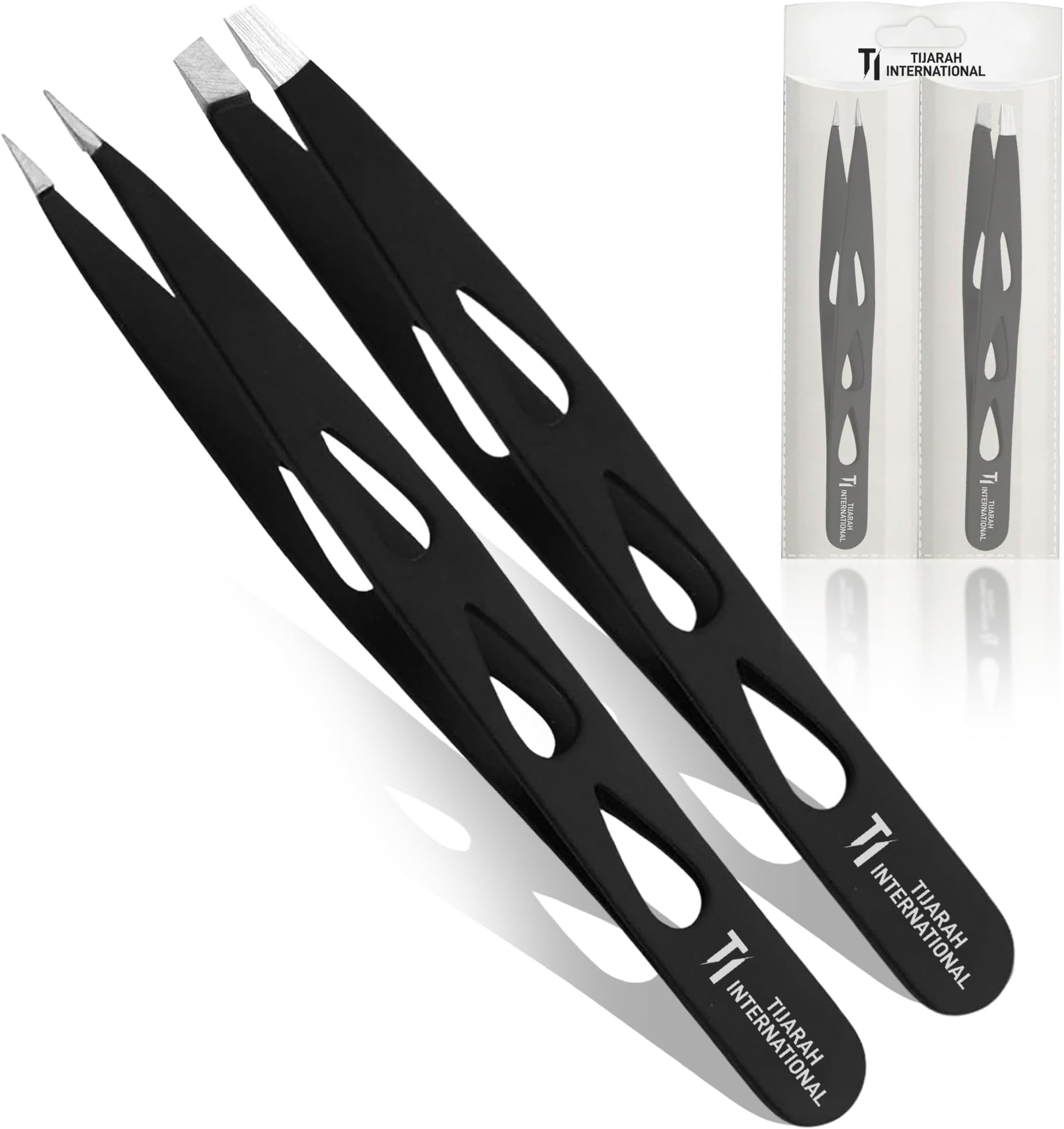 Professional Eyebrow Tweezers Set Slanted and Pointed Tips for Expert Eyebrow Shaping and Facial Hair Removal Tweezer Kit (2-Piece) for Women & Men, Best Tweezers for Chin Hair (Black)