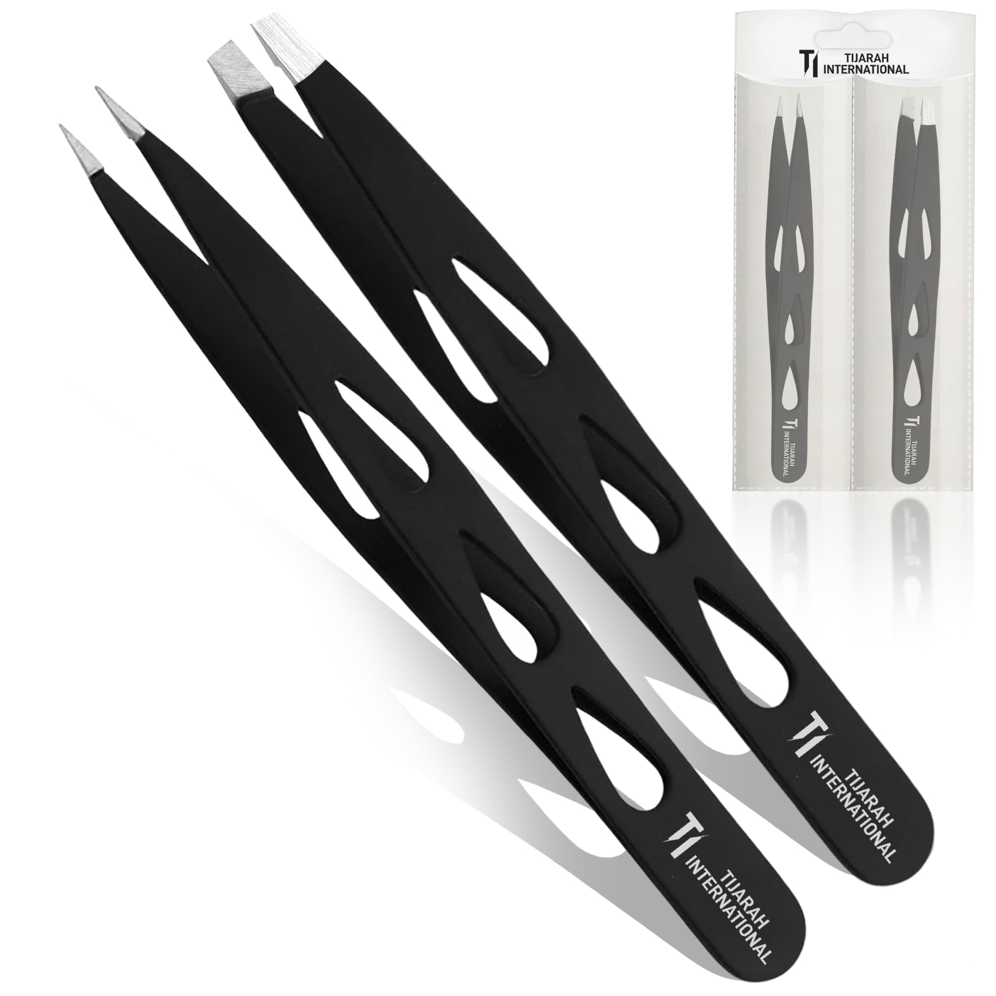 Professional Eyebrow Tweezers Set Slanted and Pointed Tips for Expert Eyebrow Shaping and Facial Hair Removal Tweezer Kit (2-Piece) for Women & Men, Best Tweezers for Chin Hair (Black)