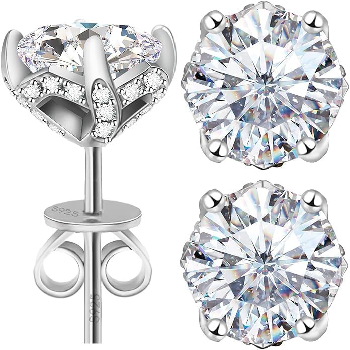 QUEENOU Moissanite Earrings Studs 1ct-3ct for Women/Men, 925 Sterling Silver with 18K White Gold Plated Hypoallergenic Flat Screw Back Birthday Gifts for Women Girlfriend Wife Engagement Jewelry