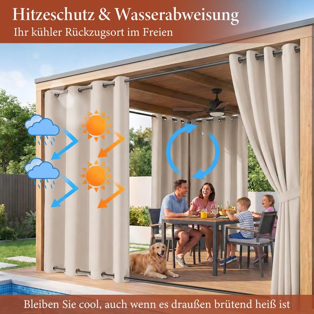 Rosnek 2erOutdoor Vorhang Wetterfest Winddicht, Balkon Gardinen mit Ösen Oben & Unten, Blickdicht Wasserdicht Sonnenschutz Sichtschutz Gardinen für Terrasse,Pergola,Pavillon, H213x B132 cm, Beige