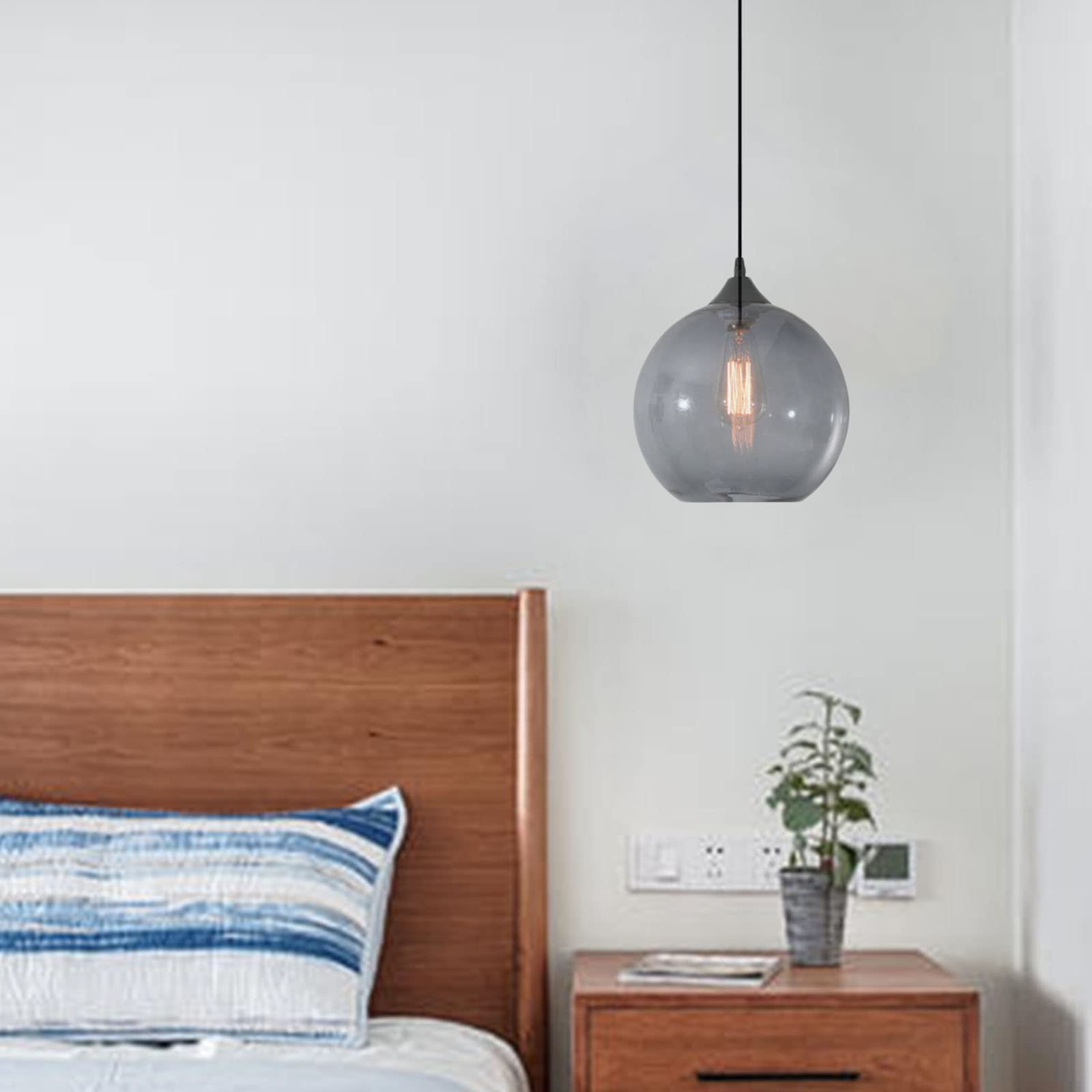 Suspension Boule de Verre Simple, Lampe Suspendue de Plafond Industrielle Vintage E27 Loft Bar, Mini Lustre à 1 Lumière pour Cuisine Salle à manger Chambre (Gris)