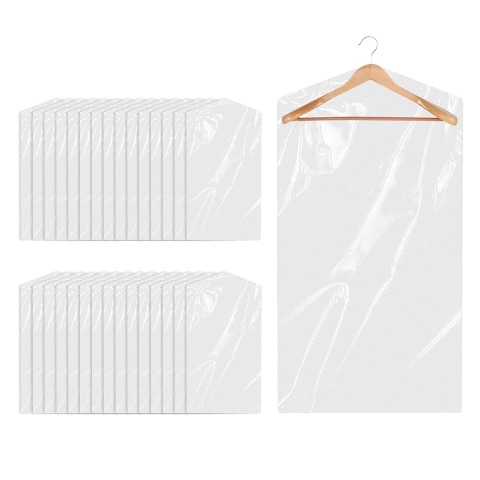 30Pcs Plastic Clothes Covers, 140 x 60cm Dry Cleaning Bags, Transparent Clothes Bags Hanging, Dust-Proof Garment Protector for Shirts, Jackets, Suits, Sweater