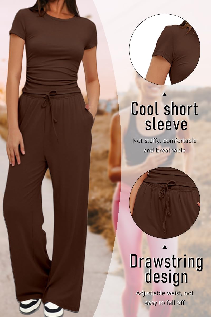 Tuta Donna Casual Elegante 2 Pezzi Top a Maniche Corta e Pantaloni a Gamba Larga con Tasche Coulisse Slim Fit Tuta Sportiva Donna Completa Due Pezzi Casual Ginnastica Estiva