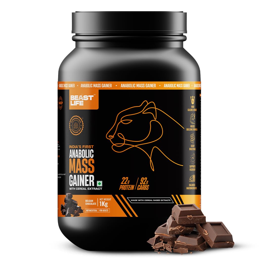BeastLife Mass Gainer 1Kg NO MALTODEXTRIN - INDIA'S #1 CEREAL BASED BULK FORMULA | High Protein High Calorie gainer for Beast Gains (1kg, Belgian Chocolate)-image-4