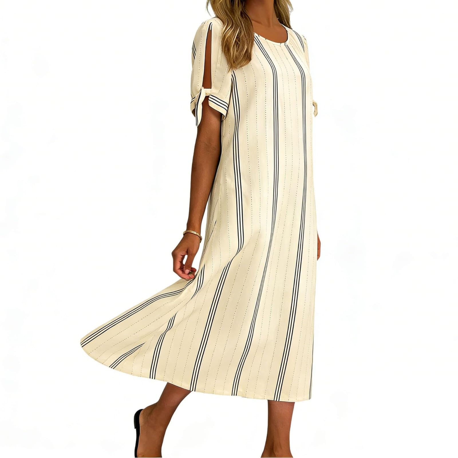 Summer Dress Abito Estivo da Donna, Lunghezza al Ginocchio, Stile Boho, Scollo Rotondo, Midi, con Tasche, Abito a Trapezio a Righe, Lunghezza al Ginocchio, Maniche Corte, Vestito Lungo Donna Elegante