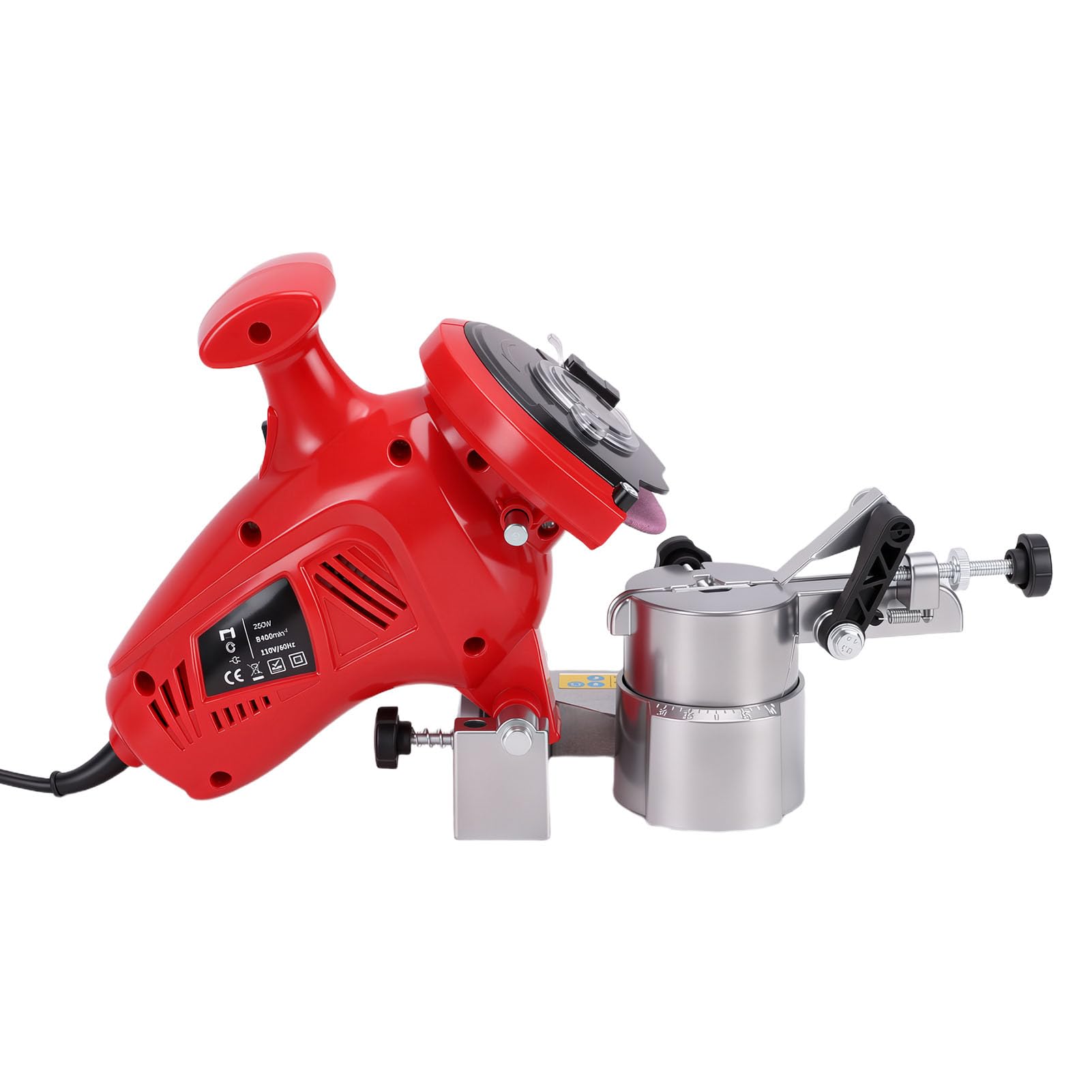 ViaGasaFamido Afilador de Motosierra Eléctrico 250W, con 3 Muelas (Enchufe de la UE) | Amoladora de motosierra, ángulo ajustable de 8400 RPM para cadenas de paso de 1/4 pulg. a 3/8 pulg.