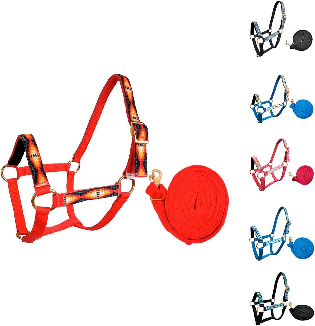 Tahoe Tack Patterned Nylon Mini Horse Halters with Padded Noseband and Matching 7’ Soft Grip Lead Rope - 6 Month Warranty