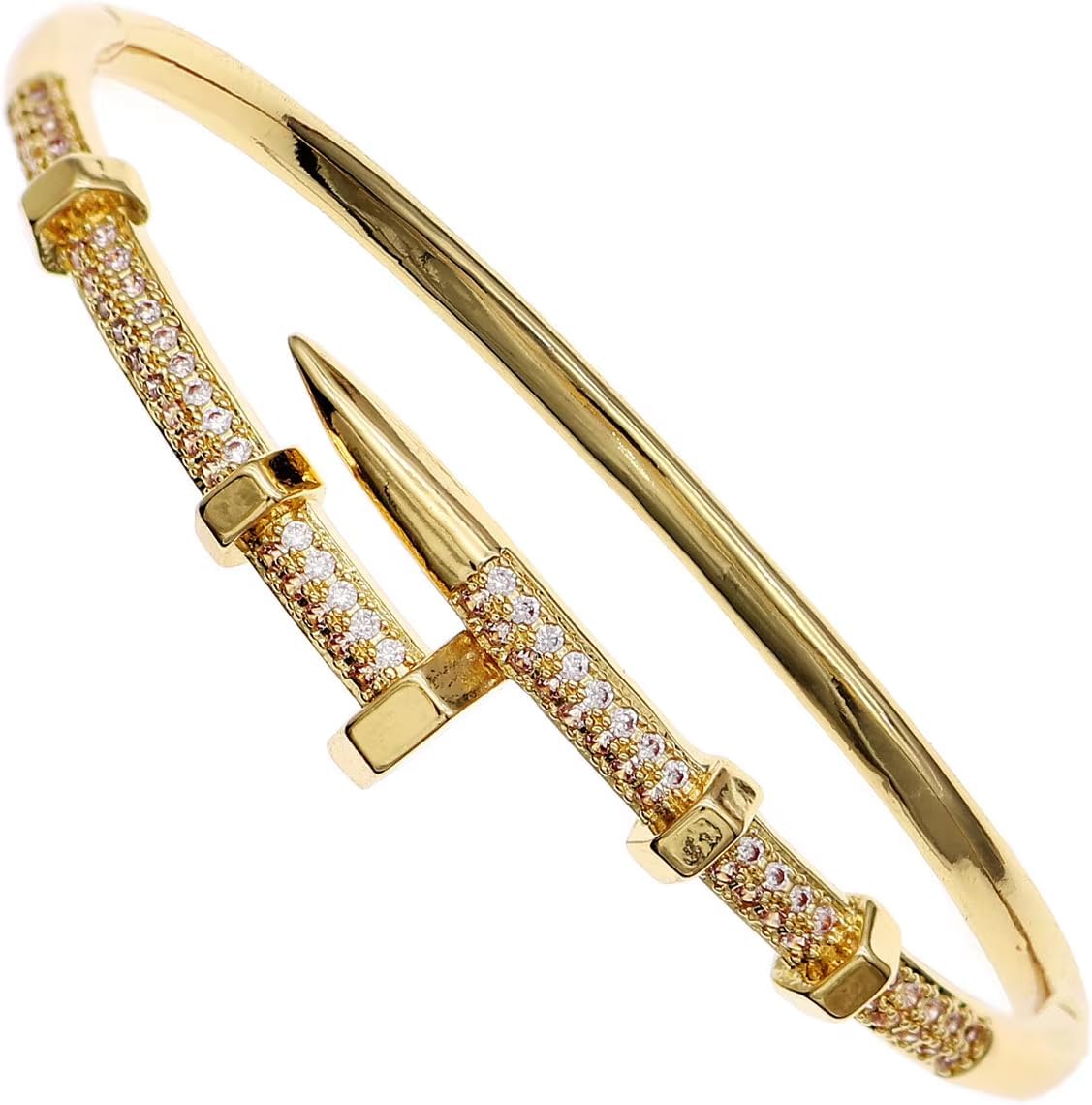 Nail Bangle Bracelet for Women 18K Gold Plated Cubic Zirconia Stones Titanium Steel Bracelet Jewelry Valentines Christmas Gifts
