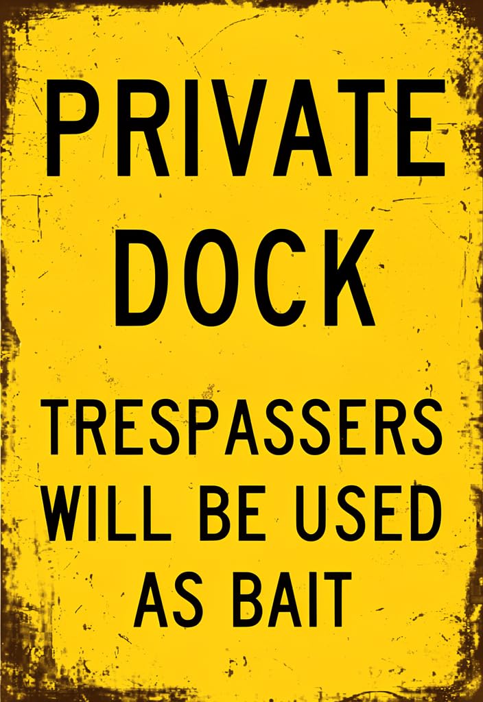peiyeety Private Dock Trespassers Will Be Used as Bait Tin Sign 12x8 Inch, Funny Warning Metal Plaque, Rustic Yellow Black Wall Decor for Lake House, Boat Dock, Cabin, Marina, Gift Idea