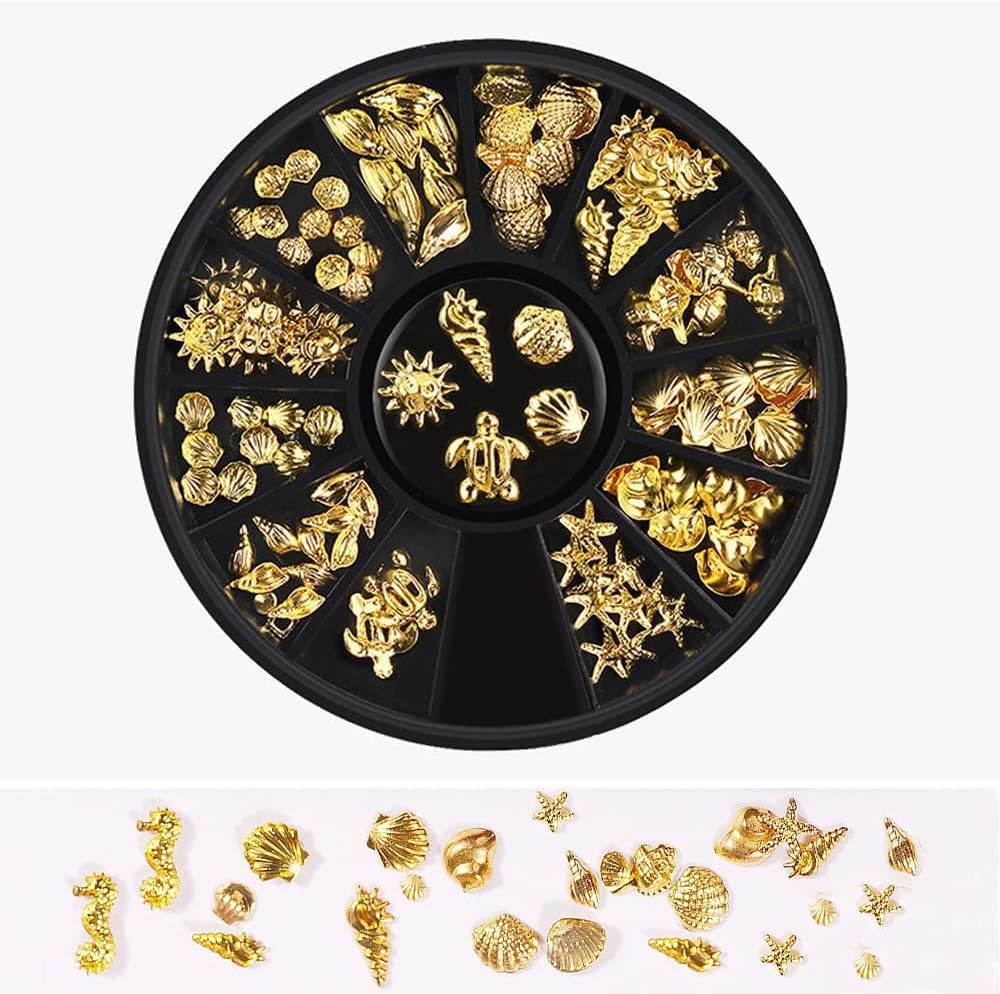 1 Box 12 Styles Gold Nail Art Metal Studs Gold Metallic 3D Pieces Rivet Palm Tree Turtles Marine Life Charms for Summer Beach Ocean Manicure DIY Acrylic Nails Design Supply (Gold Ocean Studs)-image-7