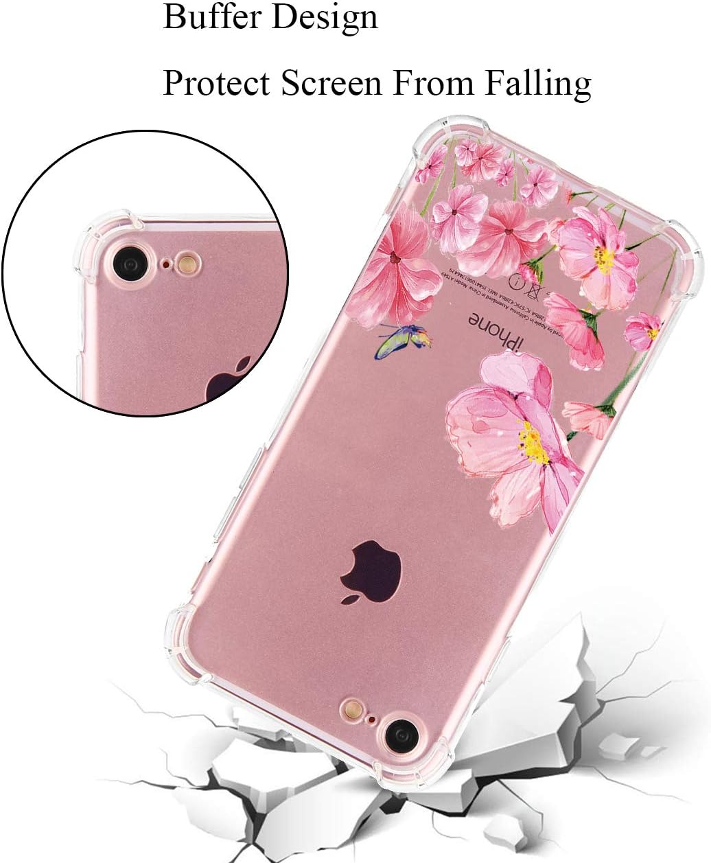 TRENSOM iPhone 8 Flower Case iPhone 7 Clear Case Floral Butterfly Pattern Soft TPU Case Slim Flexible Shockproof Bumper Phone Cases for Women Girls Pink Flowers iPhone SE 2020 Case