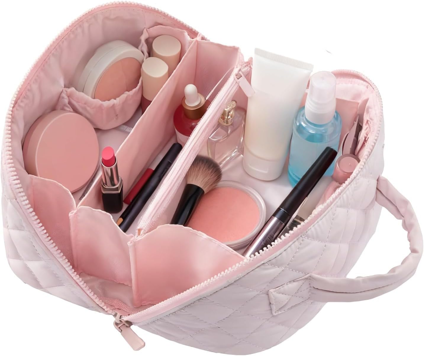 Amposei Makeup Bag Travel Toiletry Bag,Travel Makeup Bag for Women, Puffer Waterproof Cosmetic Organizer, Large Capacity Pouch Open Flat Small Toiletry Bag with Brush Compartment & Handle (Pink)