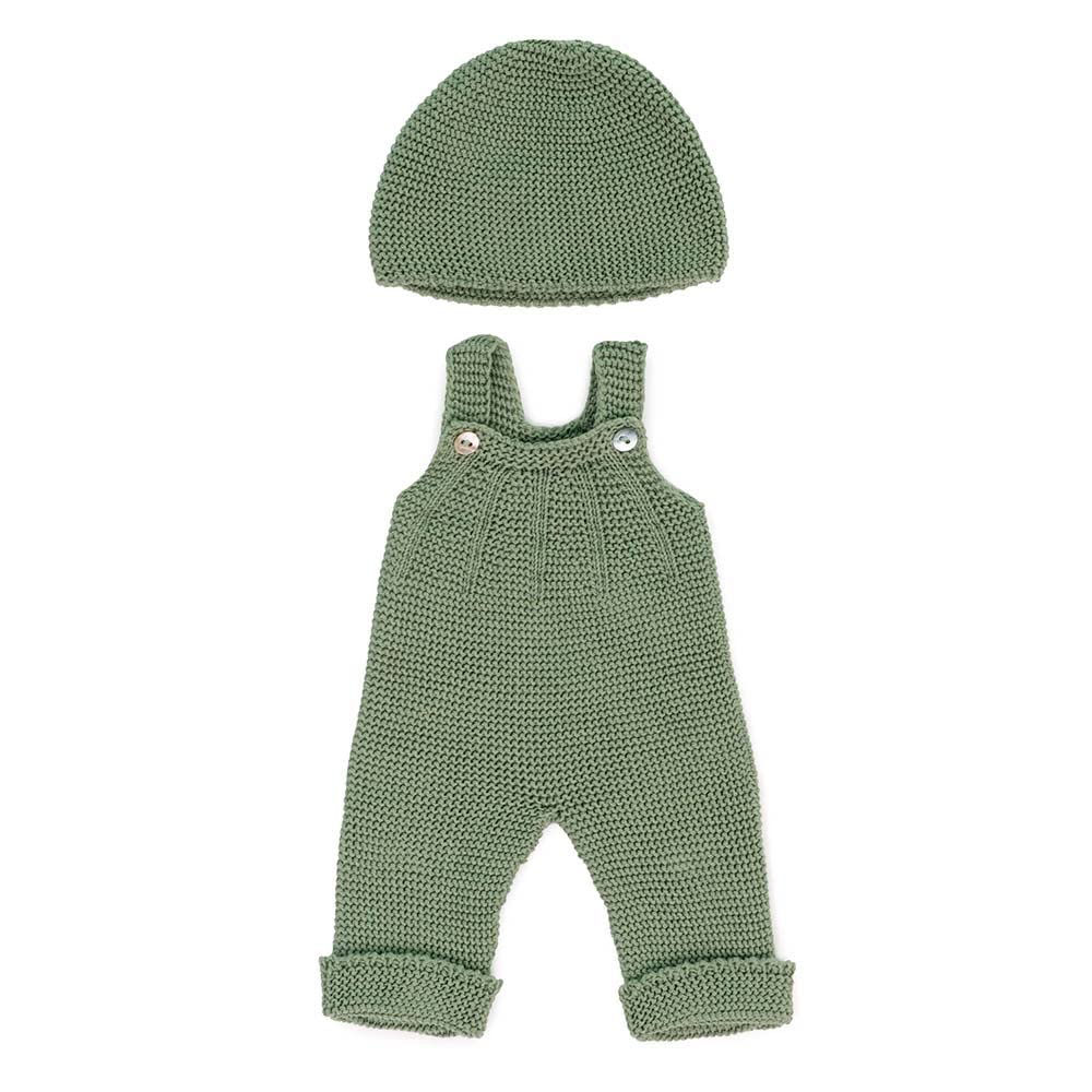 Miniland Dolls: Knitted Doll outfit 38cm - Overall & Beanie hat, made of recycled materials, for 38cm Baby doll. Model: Overall & Beanie hat in green.