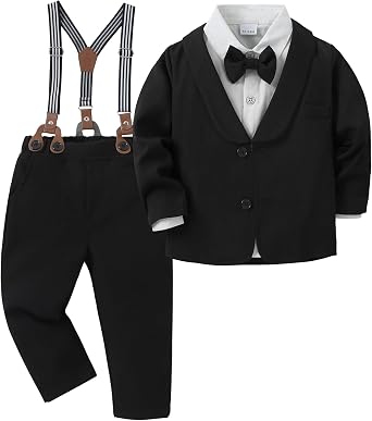 YALLET Toddler Boy Suit 5Pcs Formal Gentleman Outfits, Dress Shirt+Bowtie+Jacket+Suspender Pants Wedding Party Clothes Suits