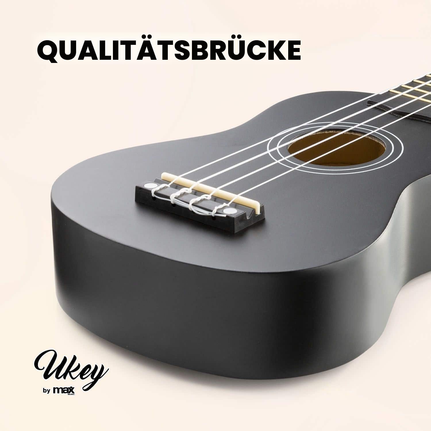 MAX UKEY Ukulele Komplett Set inkl. Plektren, digitalem Stimmgerät und Tasche, 21" mini Gitarre, Ukulele Erwachsene mit Zubehör für Anfänger, Soprano, 4 Nylon Saiten, 12 Bünde - Schwarz