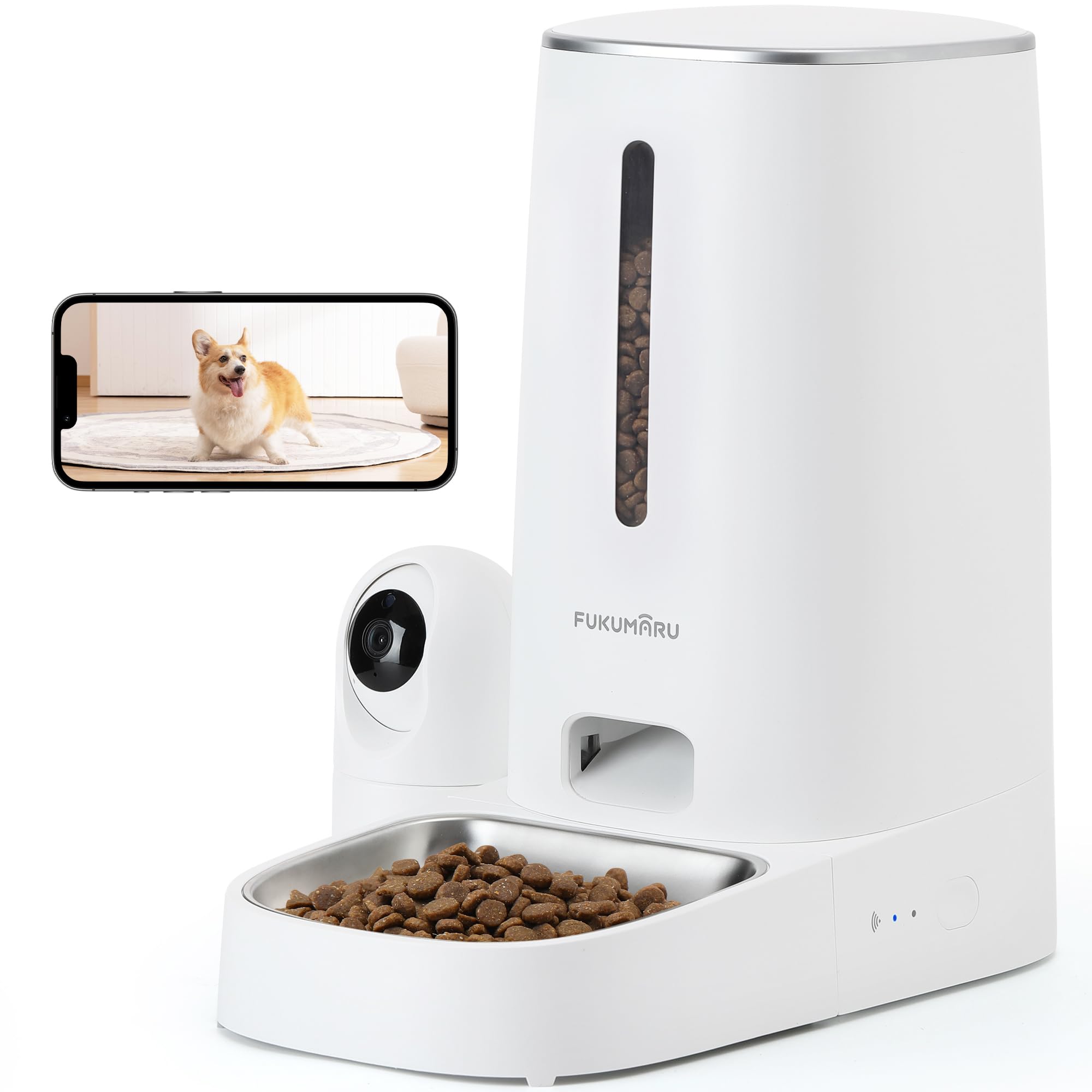 FUKUMARU Distributore Automatico Cibo Gatti con Telecamera HD 1080P, 4L, Mangiatoia per Cani con Video e Visione Notturna,Controllo tramite APP WiFi 5G e 2.4G,Audio Bidirezionale,Sensore Cibo Basso.