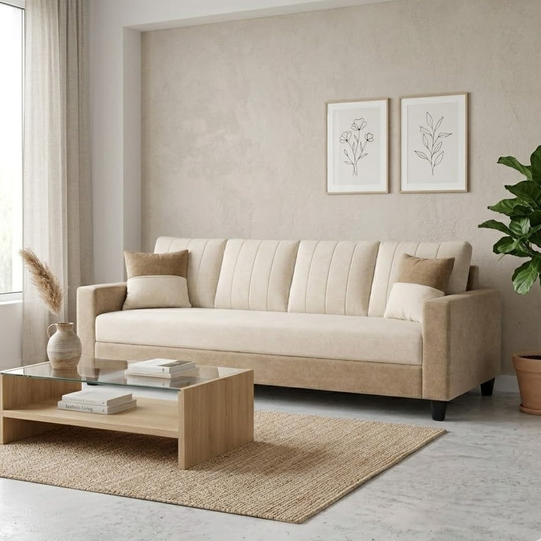 CASASTYLE Claire 4 Seater Velvet Fabric Sofa Set (Beige - Cream) | Premium Soft Velvet | Plush Comfort Cushions | Modern Living Room Sofa-image-12