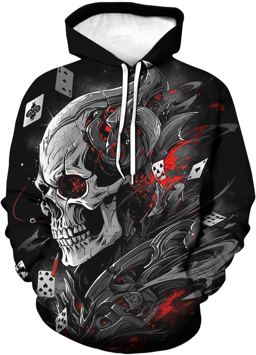 Men's Poker Hoodies Skull Printed Hoodie Novelty Graphic Sweatshirts Fashion Pullover