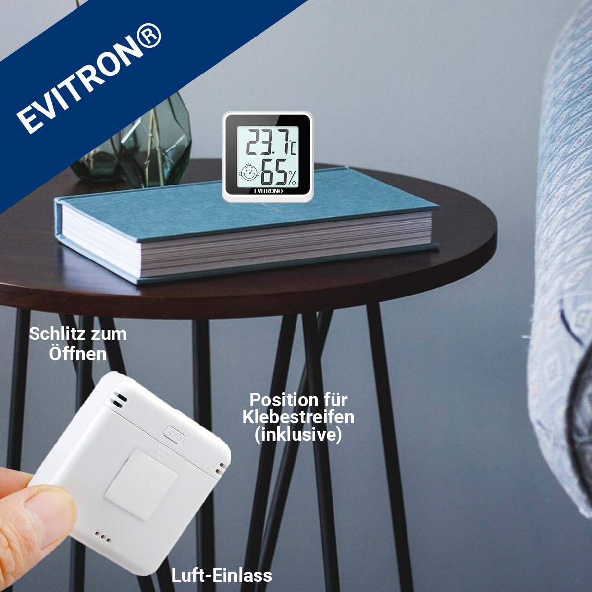 1 x Mini termómetro higrómetro digital para interior – Medidor de temperatura y humedad – Indicador de confort y emoticonos – Se puede colocar o pegar – para salón, oficina, habitación de bebé y más