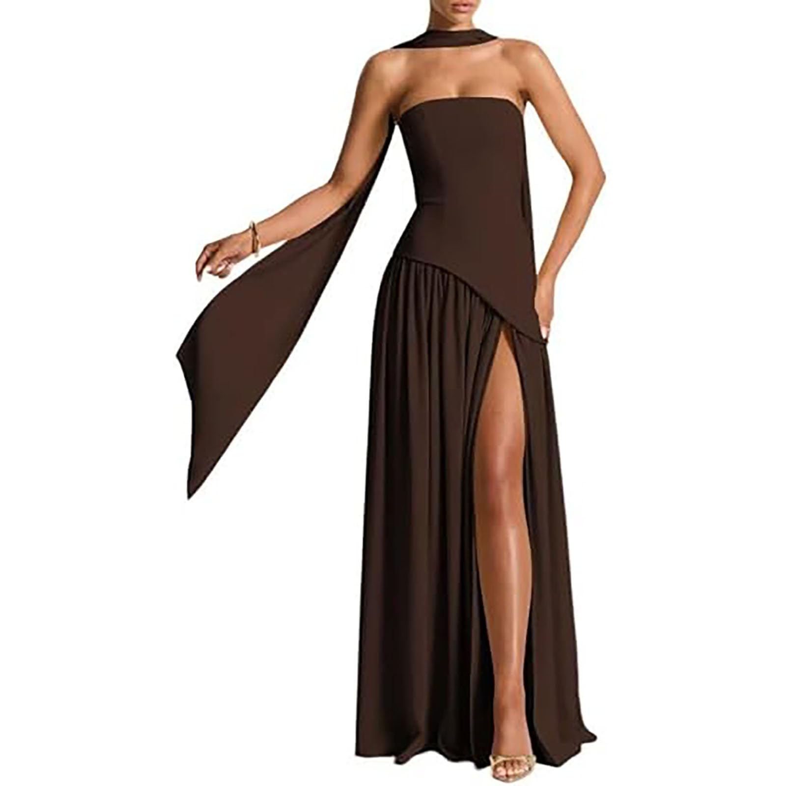Women Strapless Corset Asymmetrical High Split Flowy Maxi Dresses Evening Gown Wedding Guest Dress With Scarf