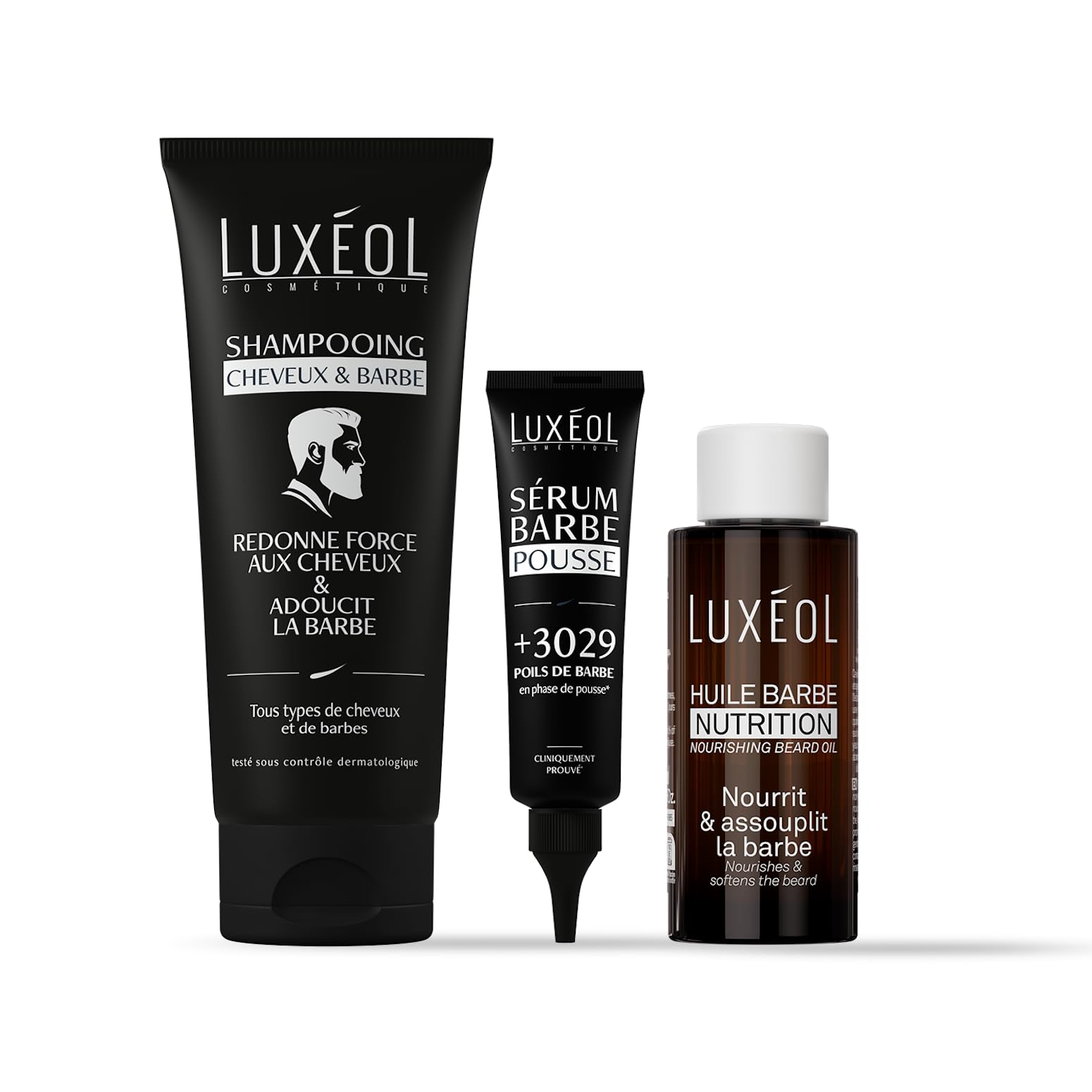 LUXEOL - Protocole Soin Barbe & Cheveux Homme - Nourrit, Renforce, Protège - Huile Barbe Nutrition 50 ml, Shampoing Cheveux & Barbe 200 ml, Sérum Barbe Pousse 60 ml .