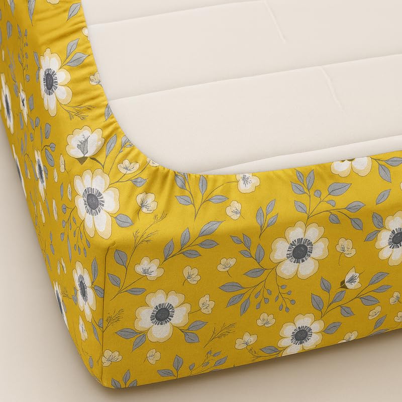 Image of Yellow Bright Floral Print Fitted Bedsheet | Glace Cotton 140 TC | King Size (72x78 inch) with 2 Pillow Covers (18x28 inch) | Deep Pocket up to 10 Inches - Soft & Comfortable