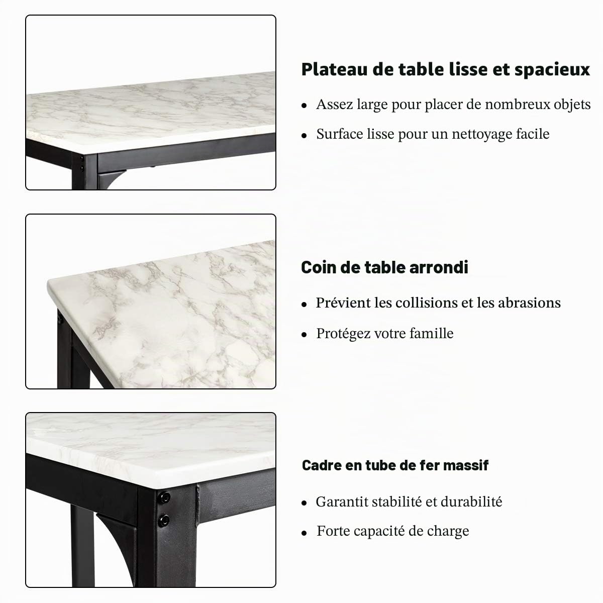 GIANTEX Table Haute de Cuisine & 2 Tabourets, Ensemble 3 Pcs de Salle à Manger pour 2 Personnes, Table Bar Cuisine Moderne & Compacte en Finition Faux Marbre, Mange-Debout pour Bistro, Salon (Blanc)