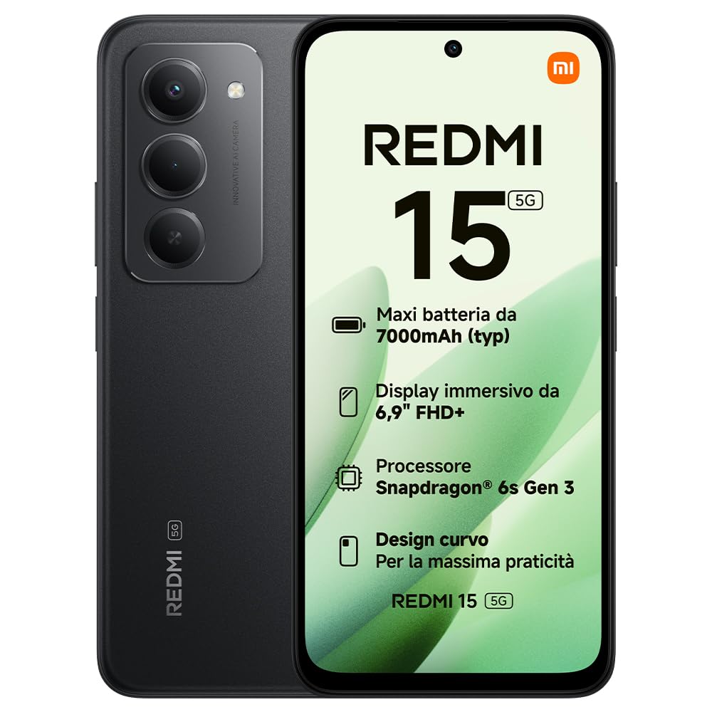 Xiaomi Redmi 15 5G, Smartphone 8+256GB, Display FHD+ da 6,9" 144Hz, Snapdragon® 6s Gen 3, Camera principale da 50MP, 7000mAh, Garanzia di 2 anni, Nero, Caricabatterie non incluso