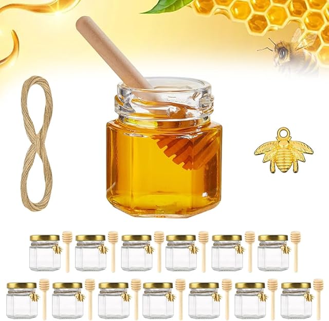 wynott 20Pack 1.5oz Hexagon Glass Honey Jars Mini Honey Jars 45ml Clear Mini Small Jam Jars with Gold Lid, Wood Dipper, Bee Pendants, 20m Jute Twine for Honey, Baby Shower, Wedding, Party Favours