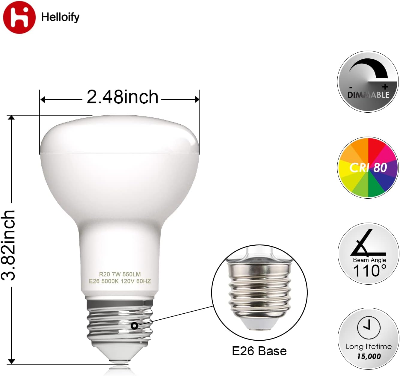 helloify Dimmable R20/BR20 LED Flood Light Bulb, 7W, 50W Equivalent, 5000K Daylight White, 600lm Each, Energy Saving Lamp for Office/Home, E26 Screw Base, 6 Count (Pack of 1)