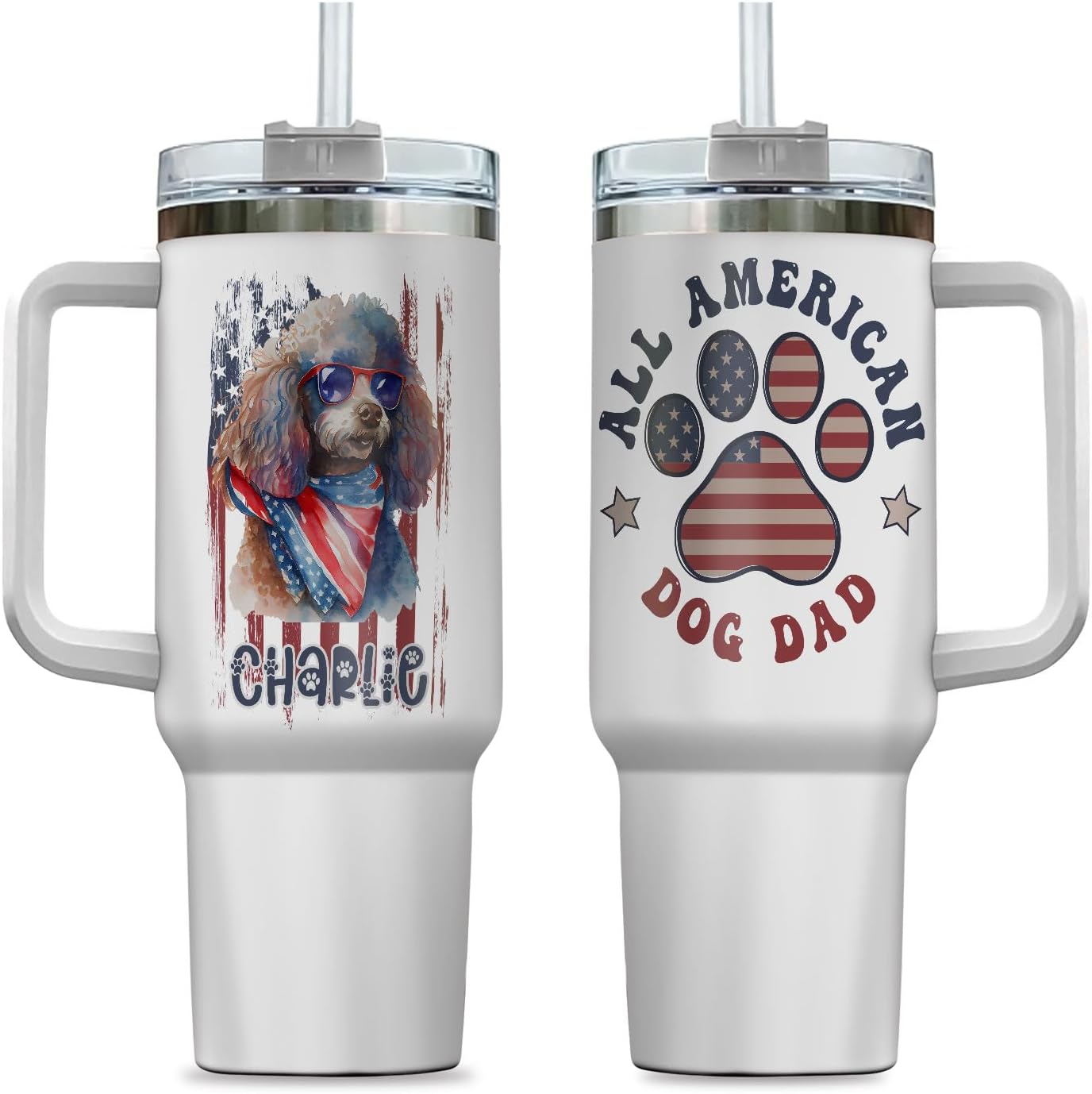 All American Poodle Dog Dad Patriotic US Flag Insulated Tumbler 4th of July Gift Customized Name Tumbler Personalized With Lid Engraved 40oz with Lid