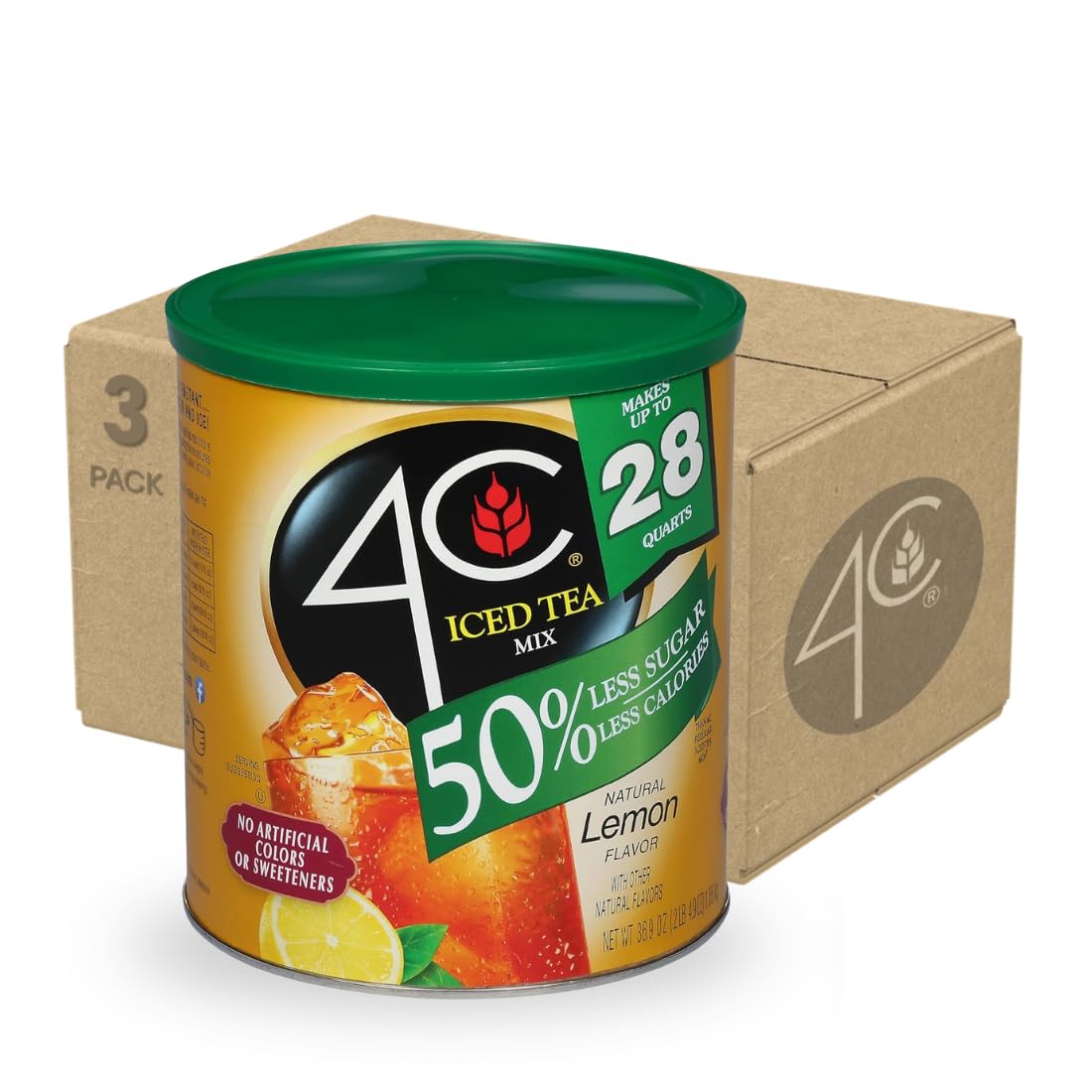 4C Reduced Sugar Powdered Drink Mix Canisters, Iced Tea, 28 Quarts, Family Sized Canister, Thirst Quenching & Refreshing Flavors (Lemon Iced Tea, 36.9 Ounce (Pack of 3))