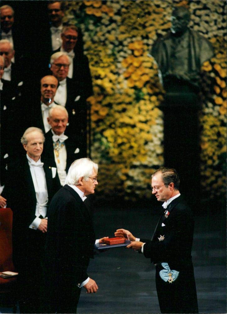 Vintage photo of Georges Charpak receives the 199239;s Nobel Prize in physics from Carl XVI Gustaf