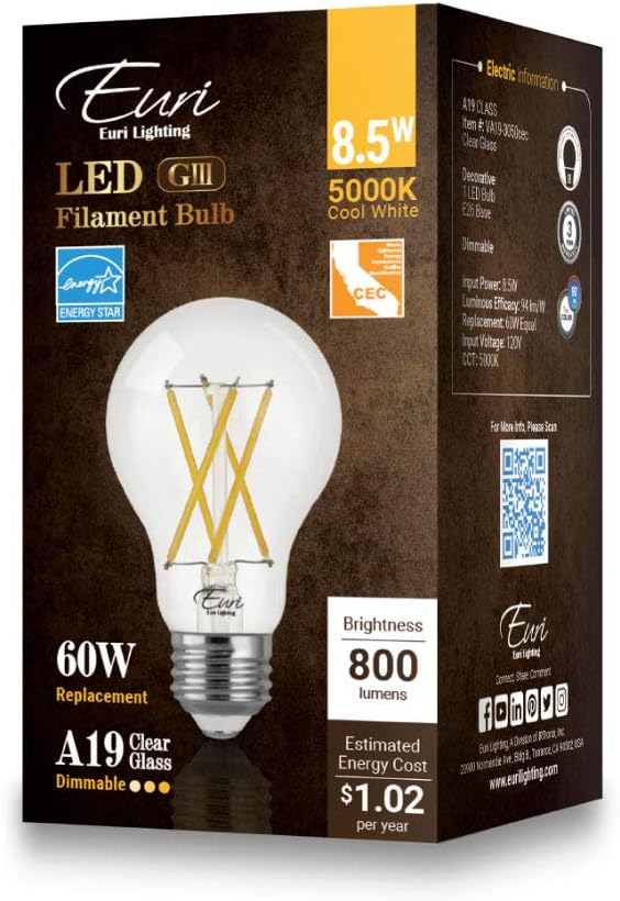 Euri Lighting VA19-3050cec, Dimmable LED A19, 8.5W (60W Equiv.) 800lm, 90+ CRI, Cool White (5000K), 320° Beam, E26, Wet Rated, UL, E-Star, CEC, JA8, CA Compliant 3YR 15K HR WTY (Pack of 2)