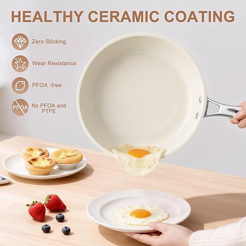 Miniatura 4 de Sartén antiadherente de cerámica de 10.25 pulgadas, sin PFAS, no tóxico, apto para horno y listo para inducción, utensilios de cocina de aluminio