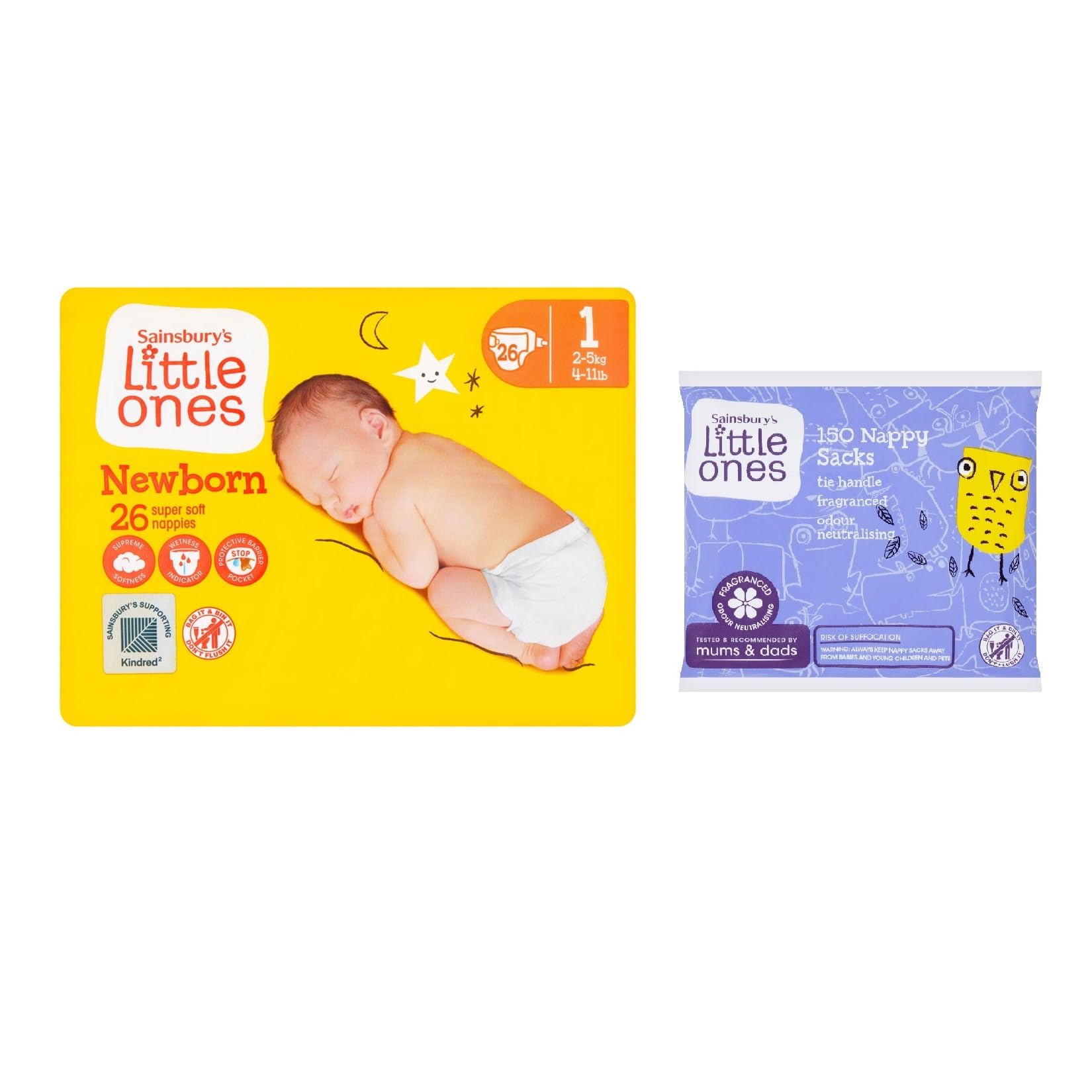 Little Ones Size 1 Nappies New Born 26 Pack + 150 Nappy Sacks