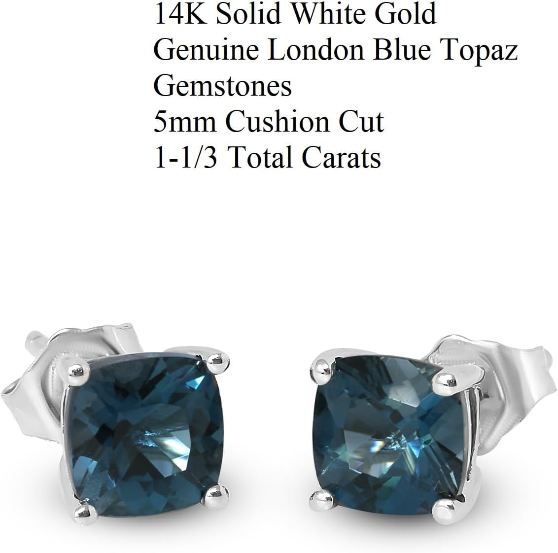 14K White Gold Genuine London Blue Topaz 5mm Cushion Stud Earrings - Image 2
