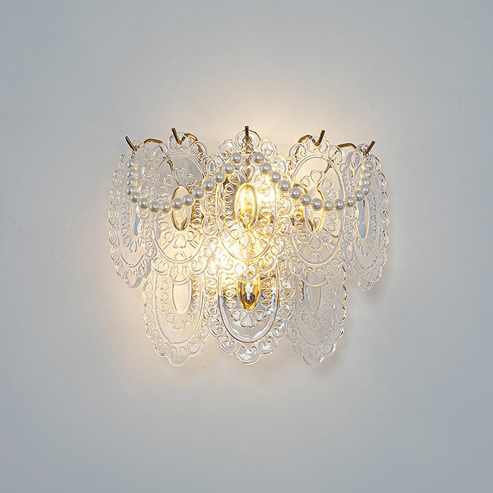 SEMANHUA Gold Wall Lamp - Vintage Glass Sconce for Indoor Use, Dimmable E14 Lighting for Kitchen, Bedroom, Hallway(2-Layer)