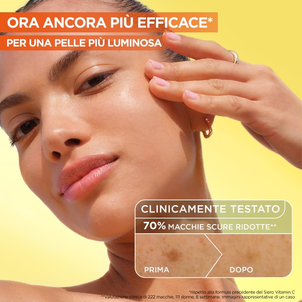 Garnier Siero Viso Vitamina C Anti-Macchie, Illuminante e Rimpolpante, Arricchito con Vitamina C, Niacinamide e Acido Salicilico, Pelle Libera dalle Macchie Scure in 6 Giorni, Incarnato Luminoso, 30ml