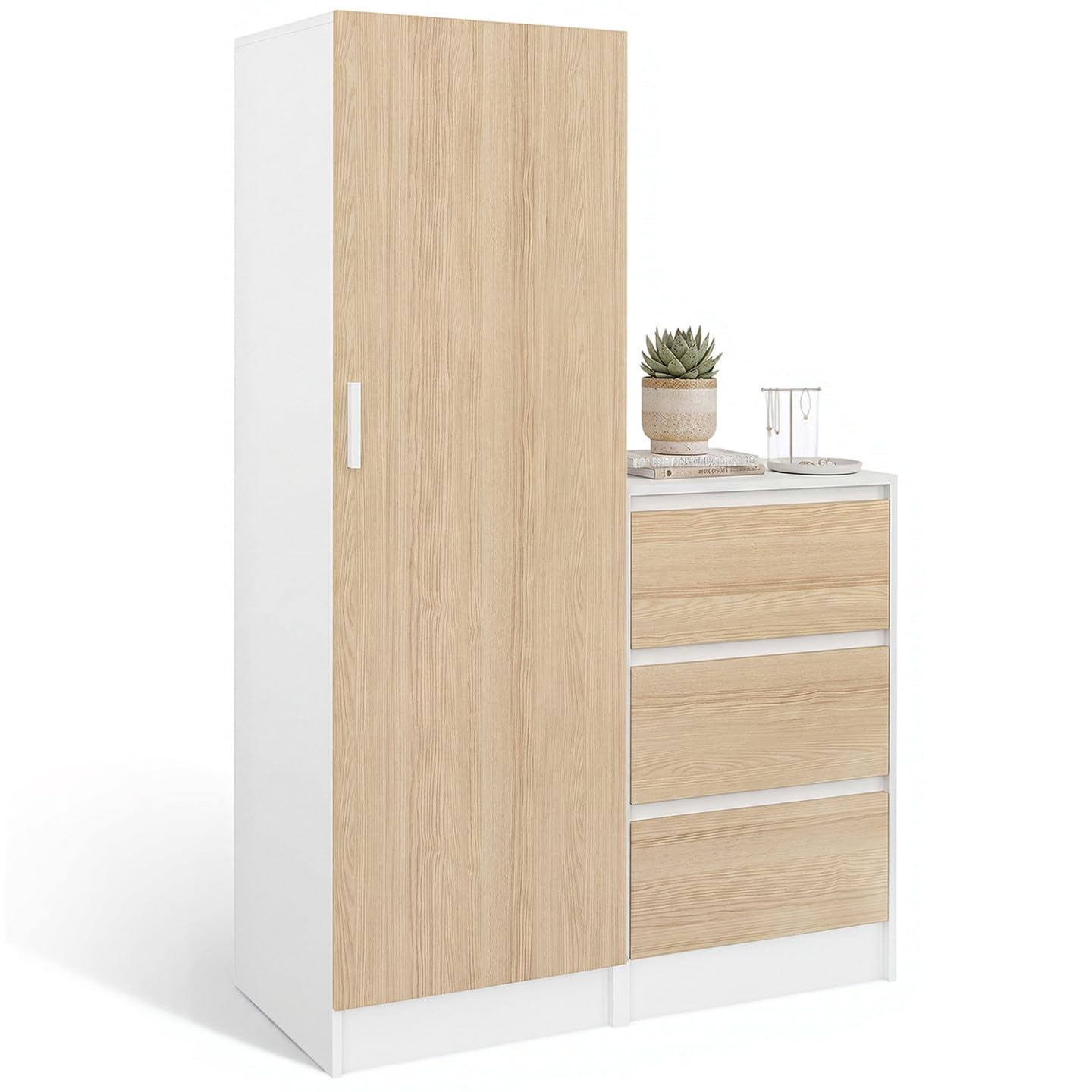 IDMarket 1-türiger Kleiderschrank Ambre mit Kommode 3 Schubladen 100 cm Buche Weiß