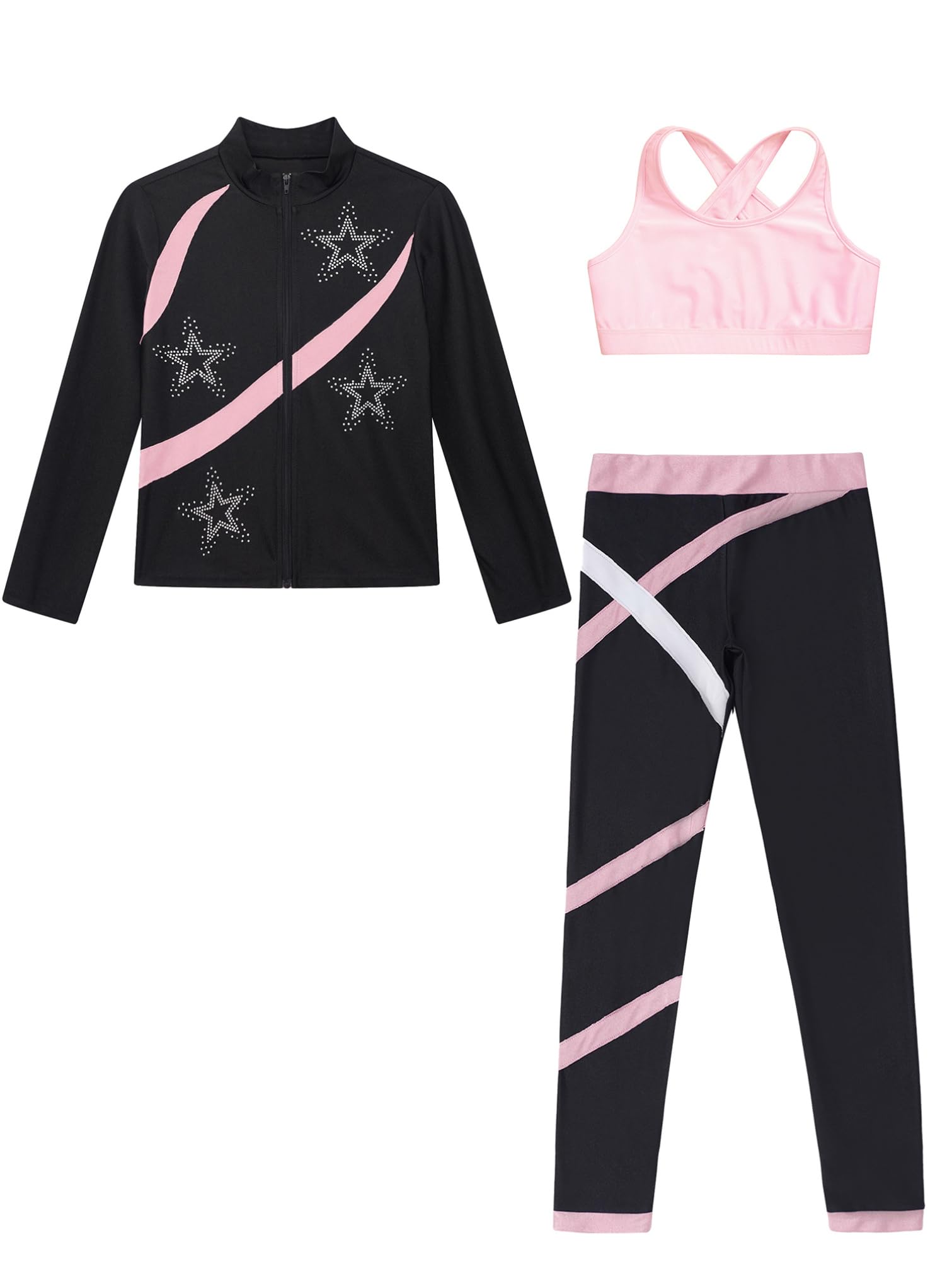 YiZYiF Ensemble Patinage Artistique Enfant Fille Manches Longues Vestes Top Strass Zippée et Débardeur Legging de Sport Survêtement Justaucorps Gymnastique 5-16 ans