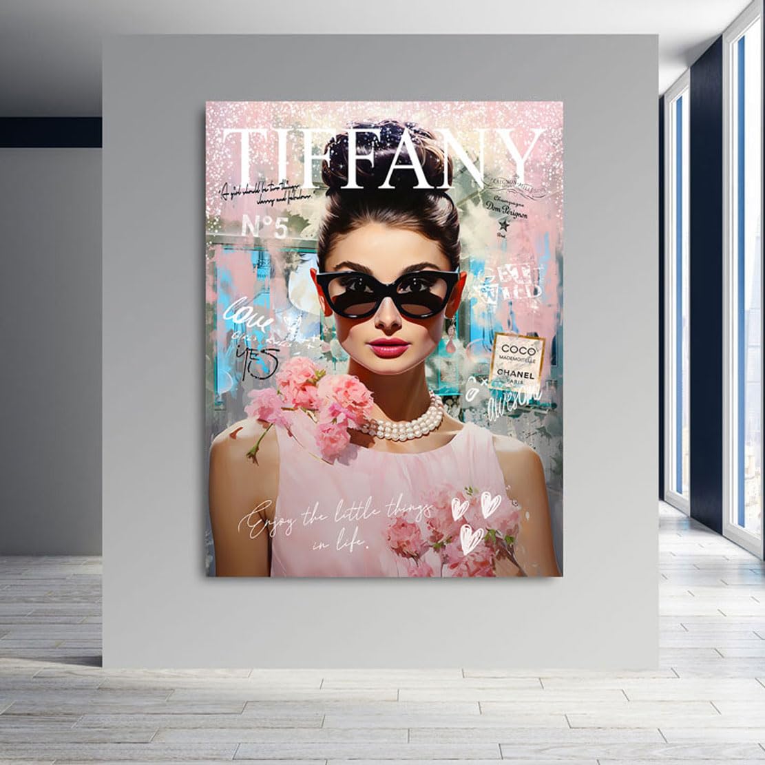 Kunstgestalten24 | Audrey Hepburn Tiffany Pop Art Leinwand-Bild | Leinwandbild mit Echtholz-Keilrahmen | Wandbild Gemälde Kunst Art | Hochwertige Kunstdrucke | XXL Bilder auf Leinwand | 90x120x4cm